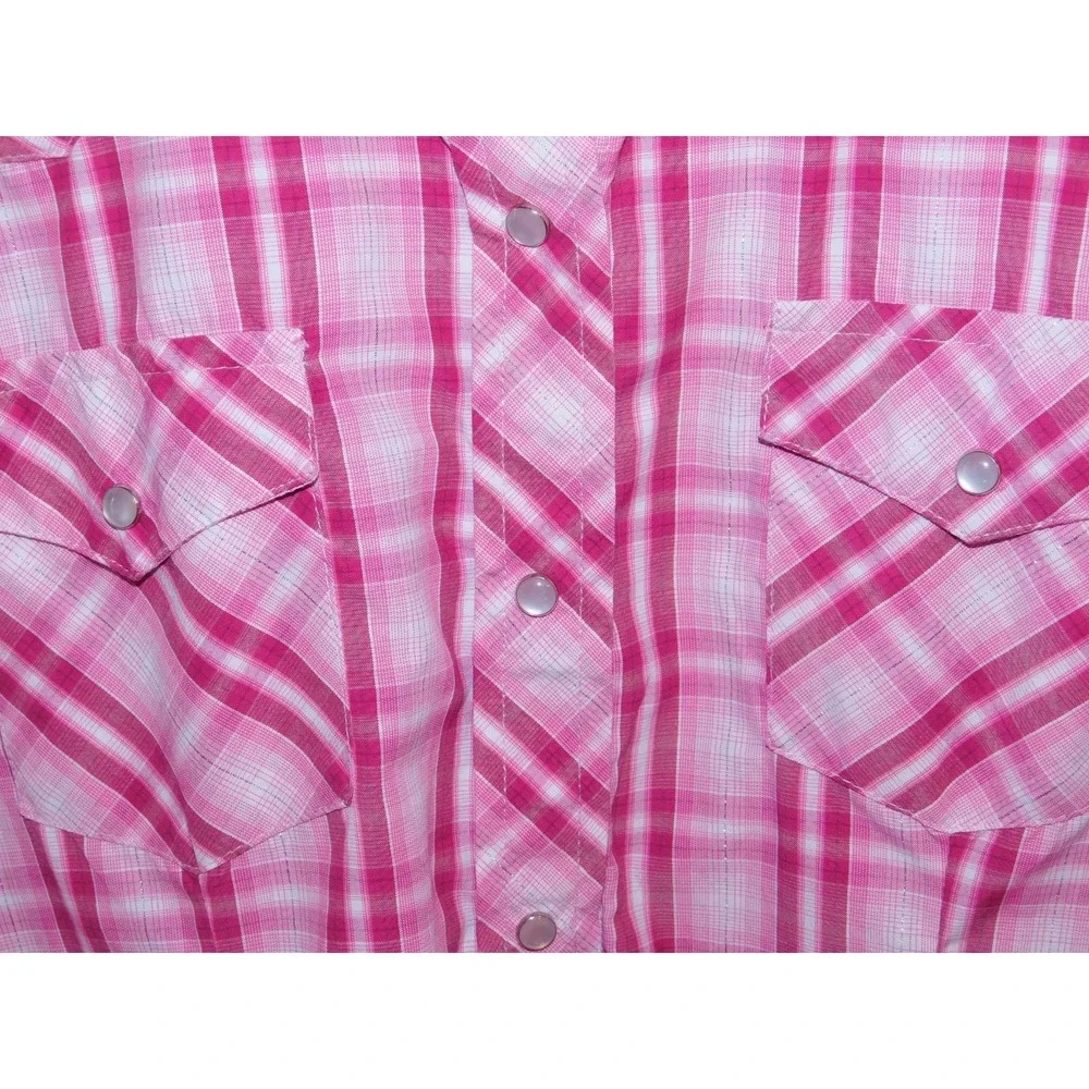 Cowgirl Legend Western Shirt Womens Medium XL Pink Plaid Short Sleeve Pearl Snap - Picture 2 of 3